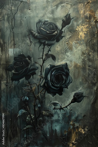 18h vintage oil painting, deep Moody black Roses Background in mysterious fashion gold trim style in an ethereal quality, dynamic lighting, dramatic shadows photo