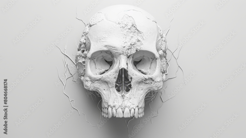 A white skull with a lot of cracks and holes in it A white skull with a lot of cracks and holes in it