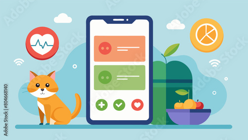 Say goodbye to overfeeding and weight gain with a diet app that offers feeding suggestions and tracks your pets calorie intake for optimal health.. Vector illustration