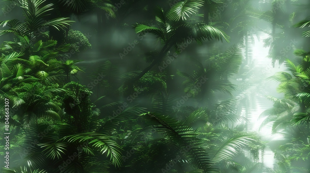 Obraz premium A dense forest thriving with abundant foliage, blanketed by midday fog