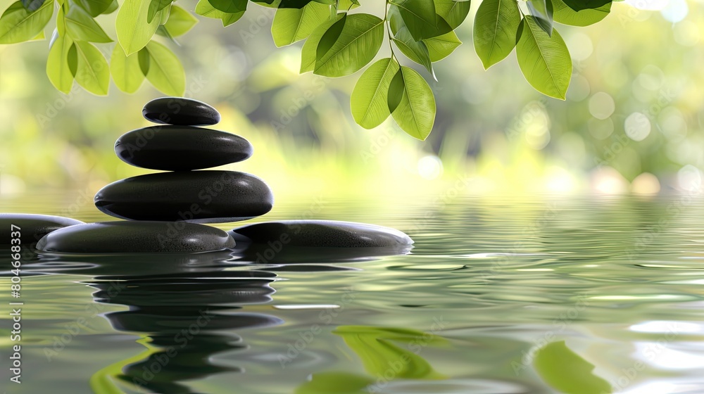 a spa oasis featuring balanced black stones delicately stacked, their reflections shimmering in the serene water below, with a lush green leaf suspended above, enhancing the peaceful ambiance. a spa oasis featuring balanced black stones delicately stacked, their reflections shimmering in the serene water below, with a lush green leaf suspended above, enhancing the peaceful ambiance.