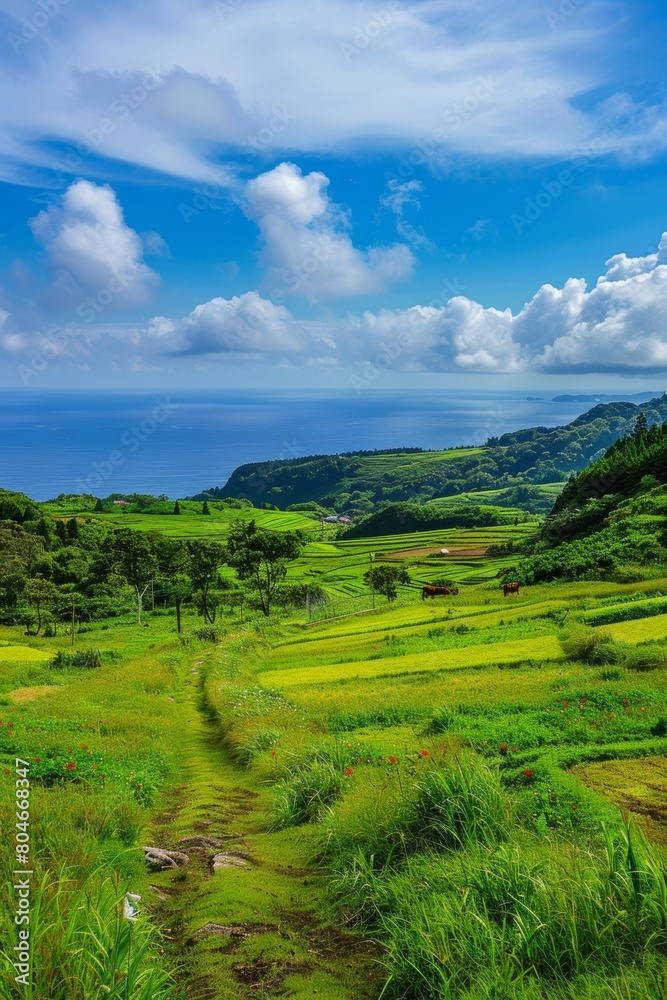 A beautiful summer day with blue sky and white clouds, overlooking the vast sea from high above. 