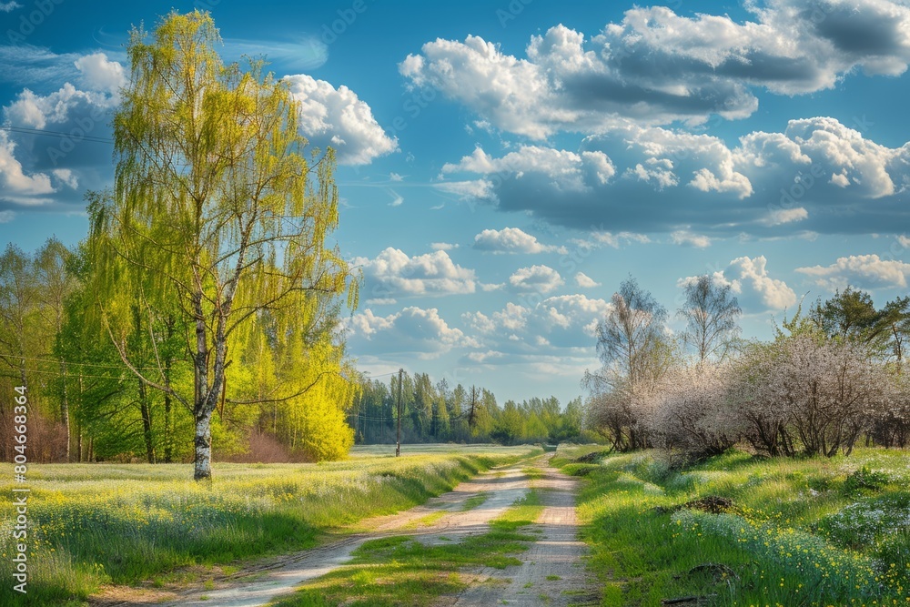 A dirt road cuts through a vast grassy field with no people in sight