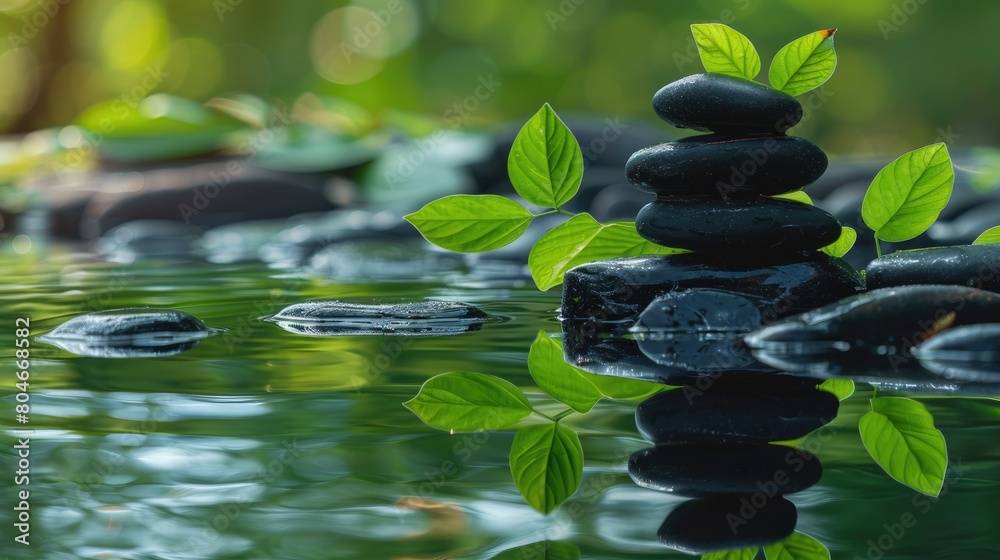 a spa oasis featuring balanced black stones delicately stacked, their reflections shimmering in the serene water below, with a lush green leaf suspended above, enhancing the peaceful ambiance. a spa oasis featuring balanced black stones delicately stacked, their reflections shimmering in the serene water below, with a lush green leaf suspended above, enhancing the peaceful ambiance.
