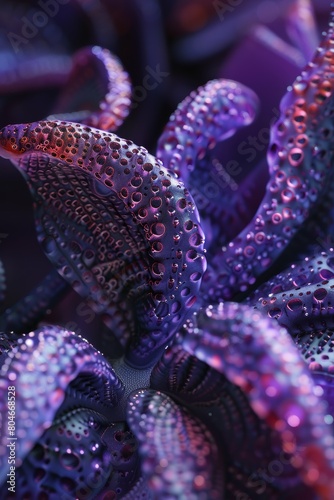 A closeup of the organic structure  showcasing its intricate patterns and textures in shades of purple 