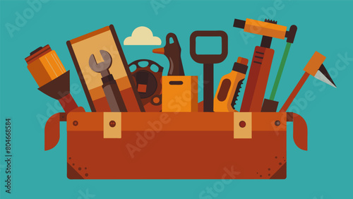 A toolbox filled with old rusted tools repurposed into unconventional drawing utensils.. Vector illustration