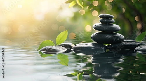 a spa oasis featuring balanced black stones delicately stacked  their reflections shimmering in the serene water below  with a lush green leaf suspended above  enhancing the peaceful ambiance.