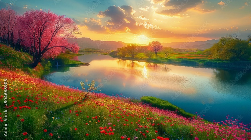 Breathtaking Sunset over a Blossoming Riverbank. Generative ai