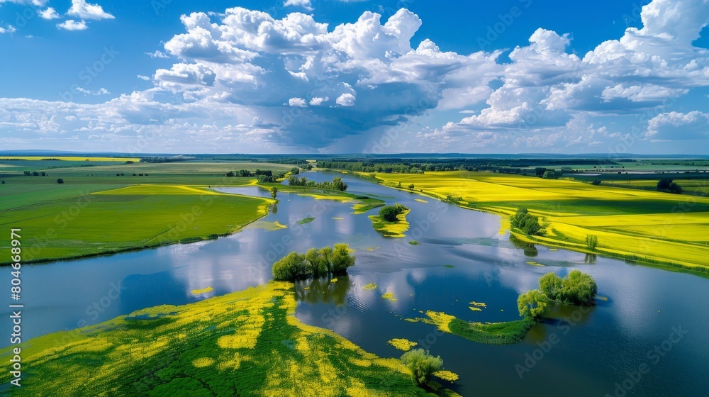 Obraz premium Expansive Aerial View of a Vibrant River Landscape. Generative ai