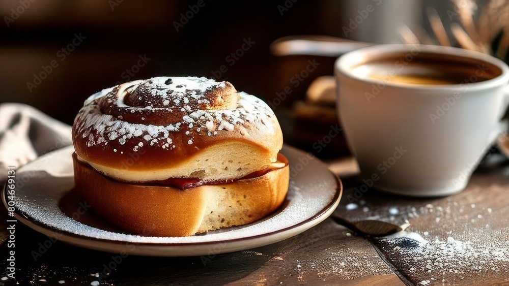 Butter bun with cheese and jam on a white plate. White cup of black coffee. Shot from a restaurant on a wooden table. Butter bun with cheese and jam on a white plate. White cup of black coffee. Shot from a restaurant on a wooden table.