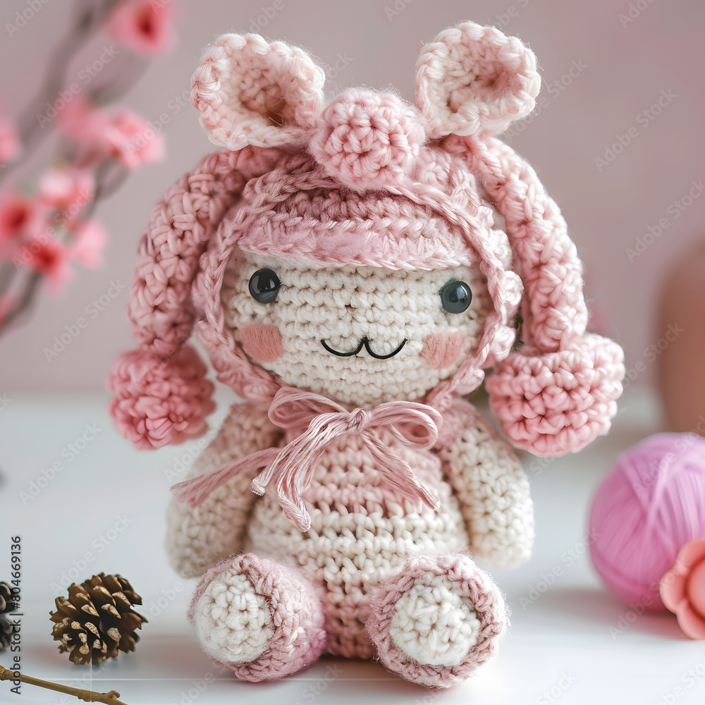 crochet pink doll on a table crochet pink doll on a table