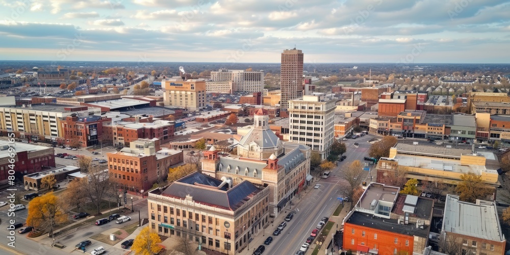Naklejka premium Aerial View of Downtown Springfield - Charming Midwest Townscape with Quaint Background