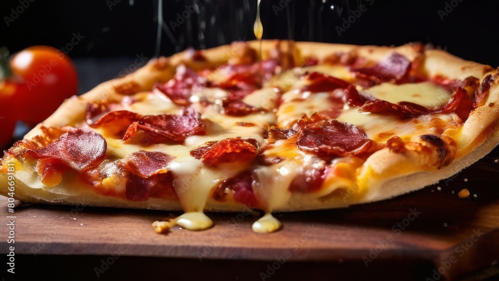 Appetizing pizza with bacon and cheese, cut into pieces on a black wooden background. Traditional Italian dish. Close-up, macro mode. Appetizing pizza with bacon and cheese, cut into pieces on a black wooden background. Traditional Italian dish. Close-up, macro mode.