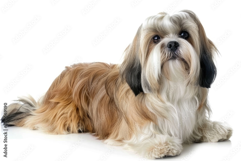 Portrait of Young Lhasa Apso Breed Pet Dog with Beautiful Furry Long-haired Coat on White Background Portrait of Young Lhasa Apso Breed Pet Dog with Beautiful Furry Long-haired Coat on White Background