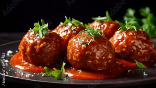 Meatballs in sauce with herbs on a black plate. Pork, beef and rice cutlets.