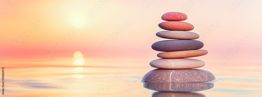 Obraz premium Nature banner with tacked colorful stones at sunset on a tranquil beach embody mindfulness and balance, reflecting a rising trend in wellness visual content aimed at soothing viewer stress. Copy space