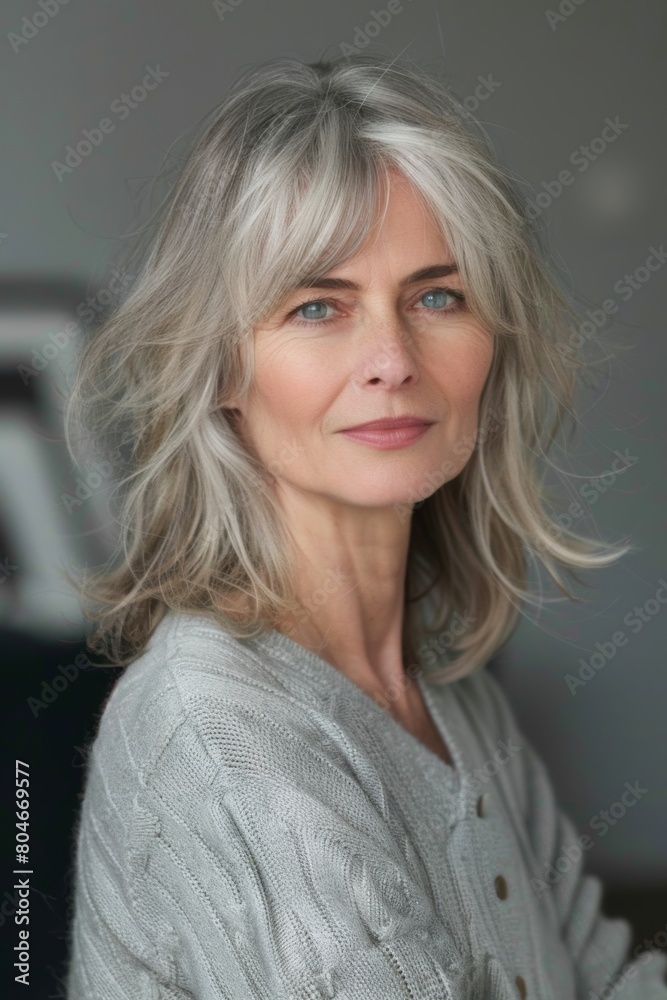 a model that is 50 years old with soft side-swept hairstyle with bangs 