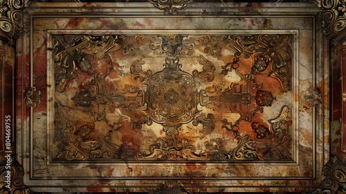 Baroque, barocco ornate gold and marble ceiling non linear reformation design. elaborate ceiling with intricate accents depicting classic elegance and architectural beauty photo