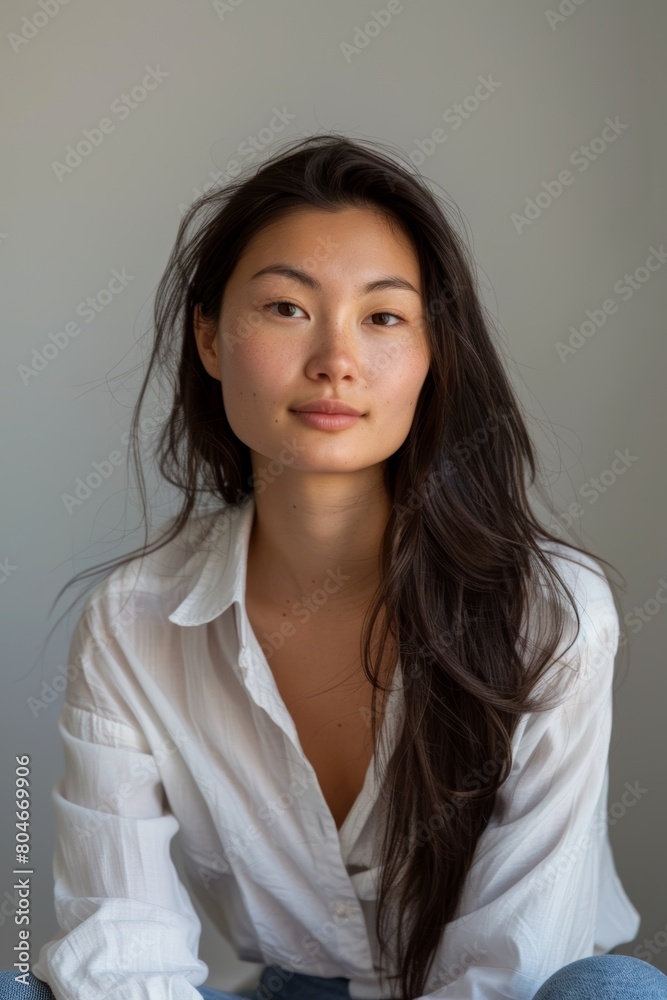 a photographic business portrait of a woman, aged 30-40, mixed ethnicity, asian and african, gender fluid, a photographic business portrait of a woman, aged 30-40, mixed ethnicity, asian and african, gender fluid,