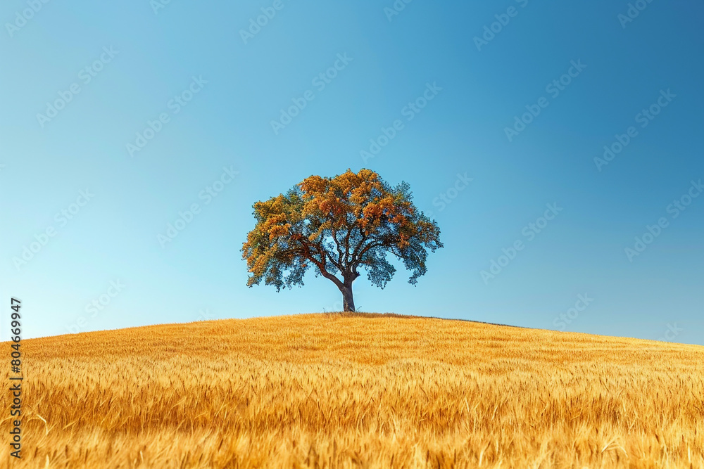 A majestic oak tree standing tall in a golden field of wheat under a clear blue sky, isolated on solid white background.