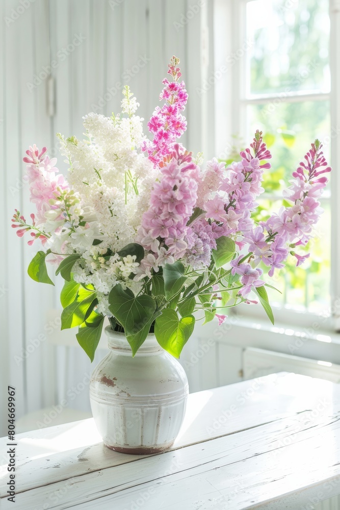 A white vase of LOTS of Lilacs' subtle color variations blooms in two or more hues, and group them by color gradation in a heavy vase.