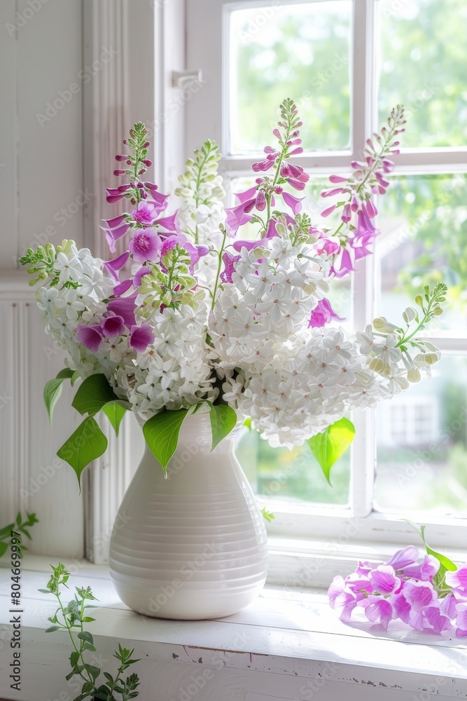 A white vase of LOTS of Lilacs' subtle color variations blooms in two or more hues, and group them by color gradation in a heavy vase. 