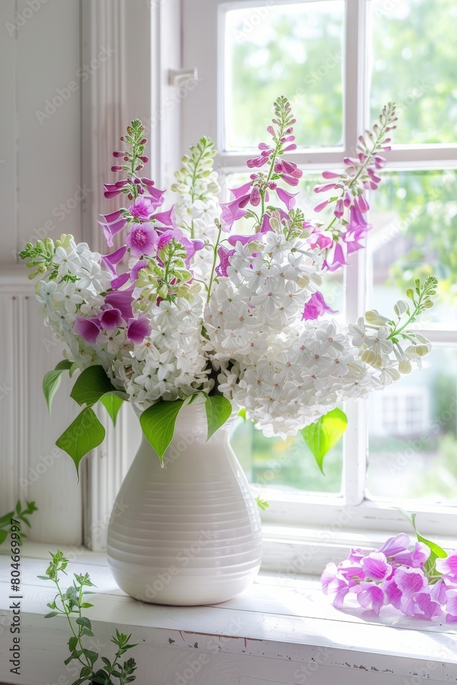 Fototapeta premium A white vase of LOTS of Lilacs' subtle color variations blooms in two or more hues, and group them by color gradation in a heavy vase.