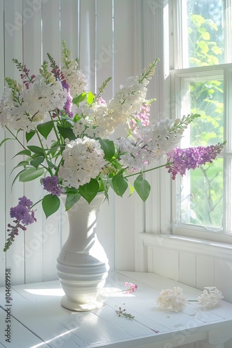 A white vase of LOTS of Lilacs  subtle color variations blooms in two or more hues  and group them by color gradation in a heavy vase. 