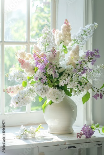A white vase of LOTS of Lilacs  subtle color variations blooms in two or more hues  and group them by color gradation in a heavy vase