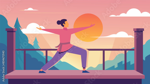 As the sun rises a person moves through the fluid motions of Tai Chi on a balcony their muscles relaxed but focused.. Vector illustration