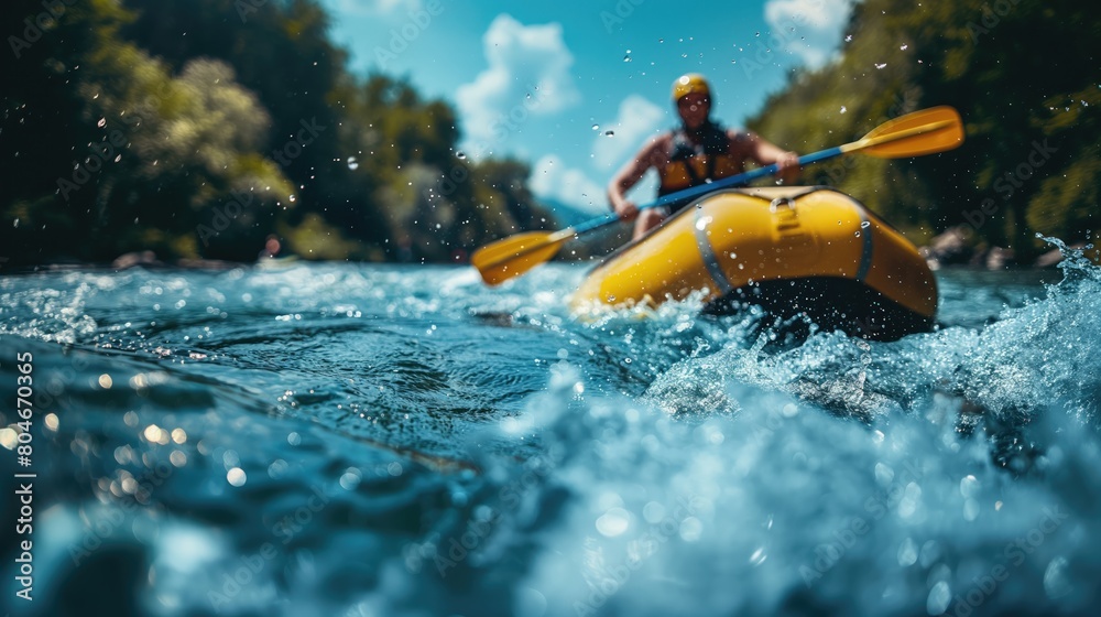 Naklejka premium Kayaking on the river in a sunny summer day. Beautiful nature.