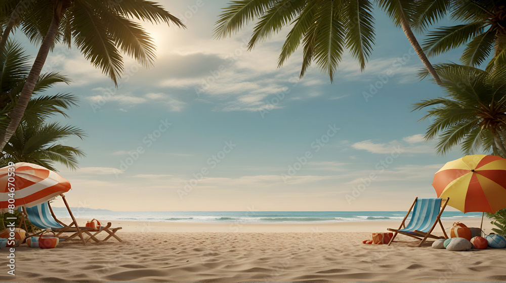 Beach travel summer holiday vacation concept background with copy space, 3d rendering