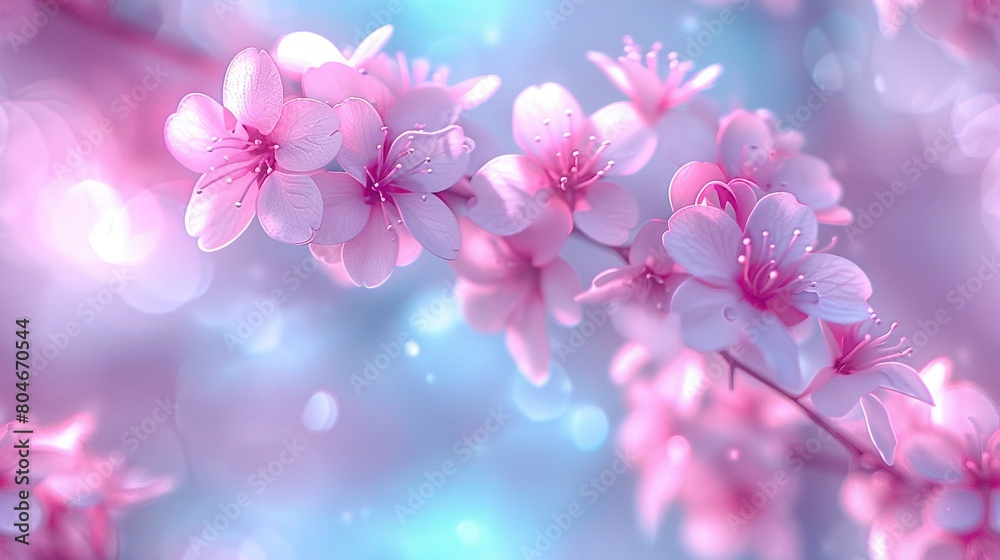   A pink flower on a branch with water droplets on petals and a blurred background