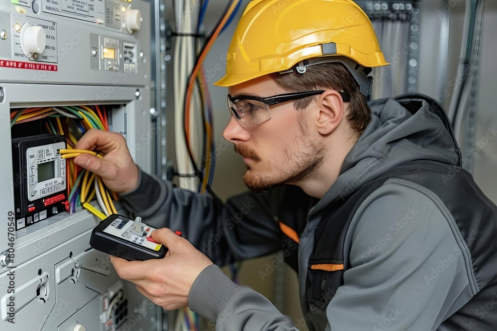 Electrical engineer using digital multimeter measuring equipment to checking electric current voltage at circuit breaker and cable wiring system in main power distribution board Electrical engineer using digital multimeter measuring equipment to checking electric current voltage at circuit breaker and cable wiring system in main power distribution board