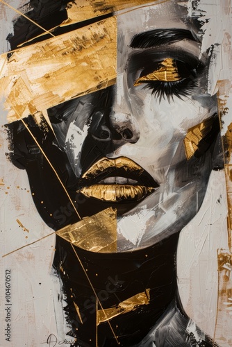 abstract portrait of a woman with gold lips, in black and white with gold accents, an oil painting in the style of abstract art with paint strokes on a beige background photo