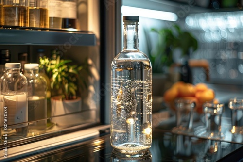 a beautiful glass water bottle in a fridge photo