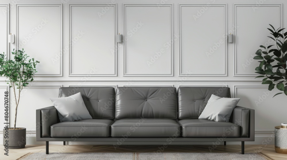 Frame living room wall mockup, with gray leather sofa and decorations on the wall and frame panel background. Frame living room wall mockup, with gray leather sofa and decorations on the wall and frame panel background.