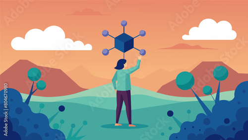 A person standing in a field of endless possibilities holding a ketamine molecule in their hand symbolizing how the drug can break down barriers and.