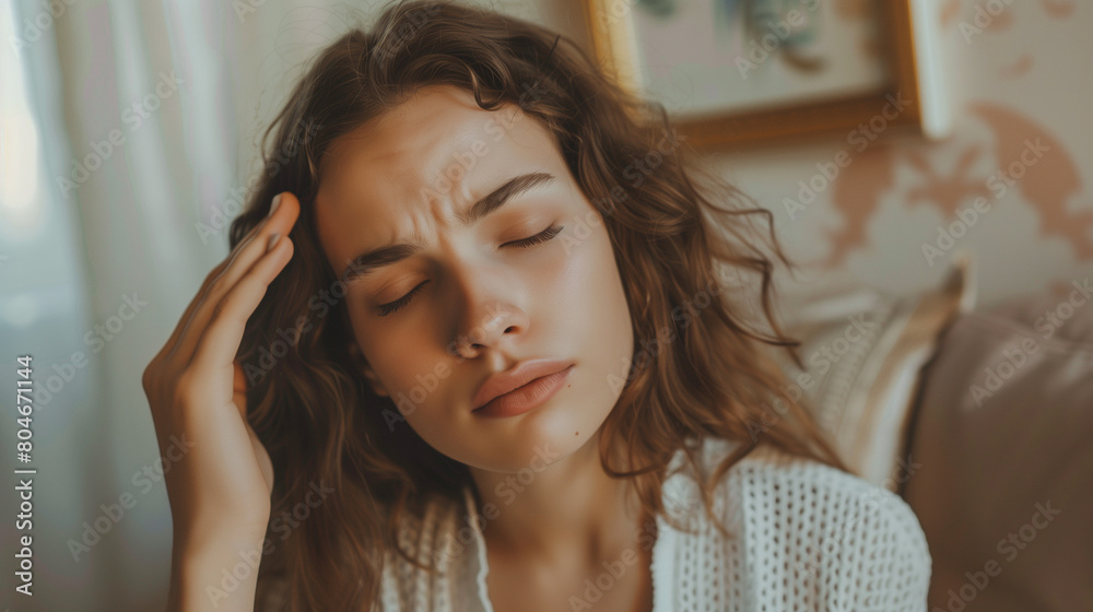 Stressed young Woman Holding Head with Headache in Cozy Living Room - Health and Wellness Concept Stressed young Woman Holding Head with Headache in Cozy Living Room - Health and Wellness Concept