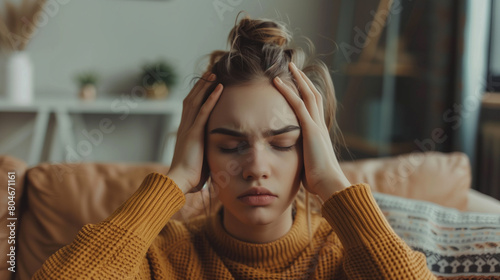 Stressed young Woman Holding Head with Headache in Cozy Living Room - Health and Wellness Concept photo