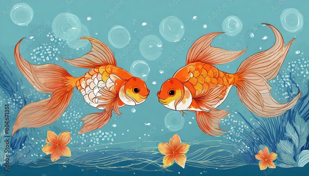 Naklejka premium 清涼感のある青い背景、それは心地よい夏の風物詩、透明感のある綺麗な小さい金魚が二匹、快適な環境で生活、シンプルなイラスト風に仕上げる generated by AI