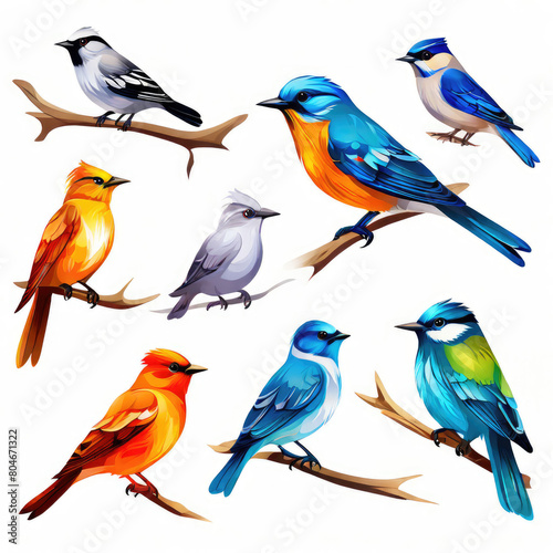 Set of watercolor birds. Wall art, greeting card, advertisement, web design element.