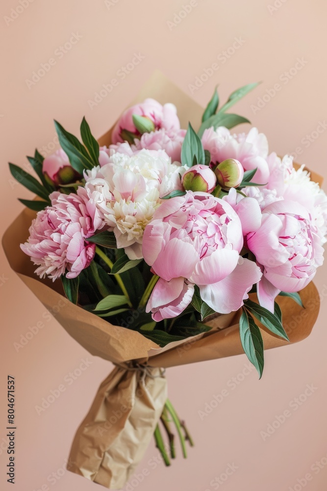 Bouquet of peonies in packaging, photo, centered, cream background 