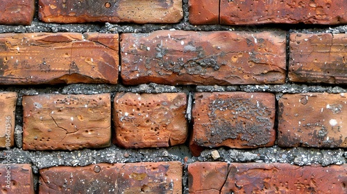   A brick wall  captured closely  features a substantial layer of dirt and numerous holes in the brickwork