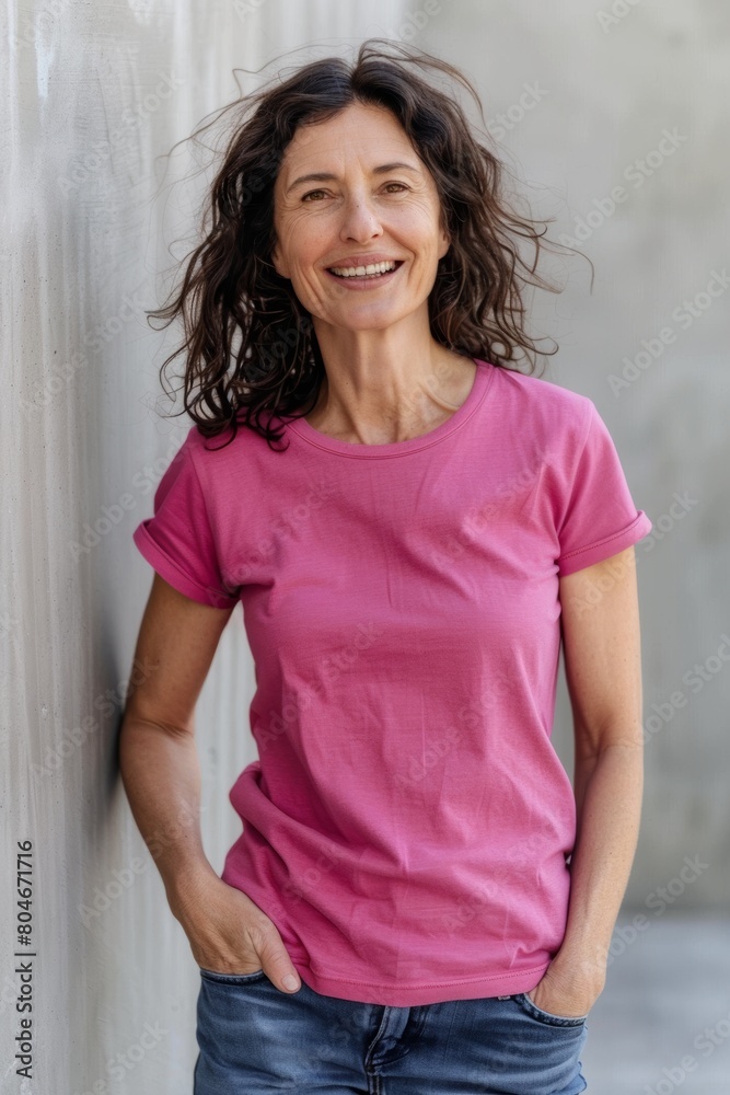 Fototapeta premium happy european 50 years old woman wearing a regular brand new plain bright-pink-colour t-shirt, she is happy,