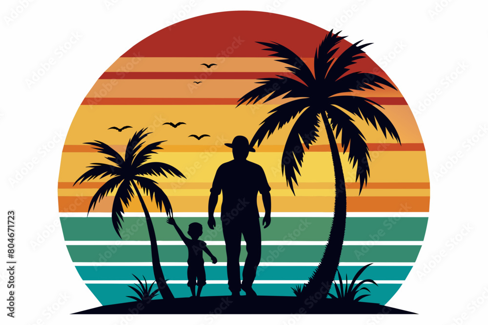 Retro vintage style sunset, palm tree,  Adobe Illustrator illustration, 16k, with sunset style and dad and daughter silhouette, T - shirt design, T - shirt graphic, retro vintage style circle.,