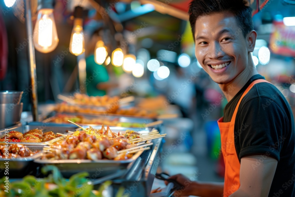 A cheerful Asian man savoring local street food amidst vibrant stalls and friendly vendors, capturing the essence of travel exploration.