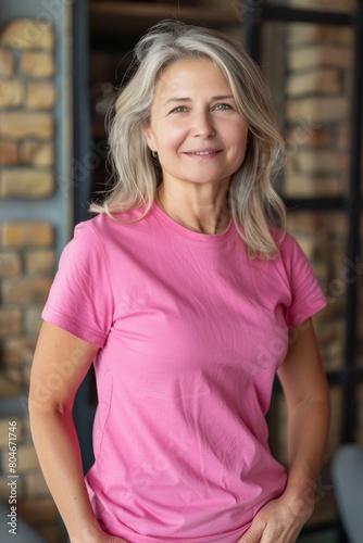 happy european 50 years old woman wearing a regular brand new plain bright-pink-colour t-shirt, she is happy, © Nica
