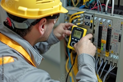 Electrical engineer using digital multimeter measuring equipment to checking electric current voltage at circuit breaker and cable wiring system in main power distribution board