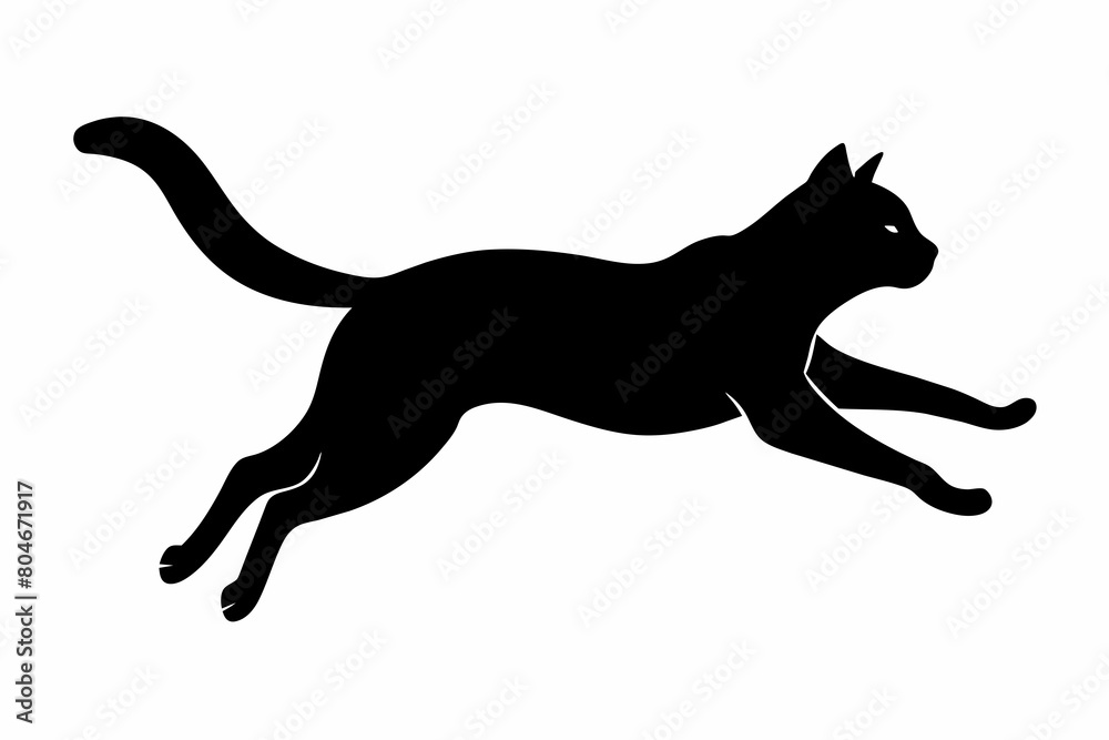 Cat jumping silhouette black on white background